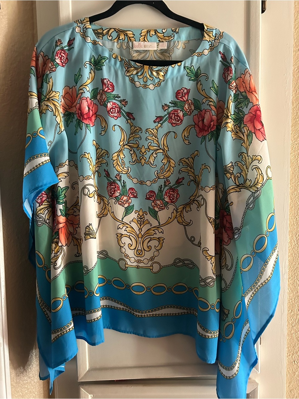 Belle by Kim Gravel Turquoise Floral Scarf-Sleeve Blouse